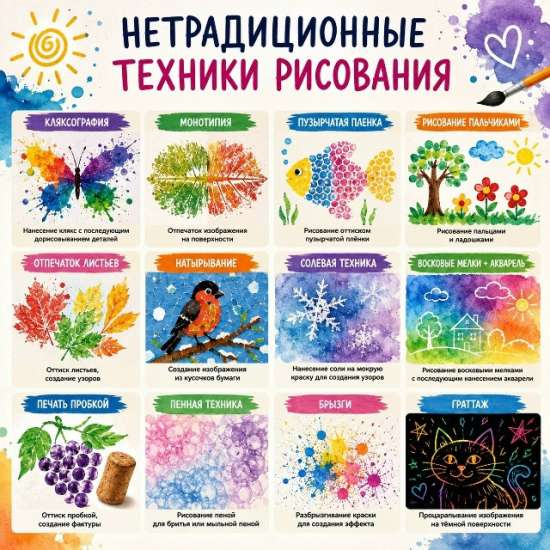 Комплект методических карточек «Нетрадиционные техники рисования для дошкольников» (Младшая, Средняя