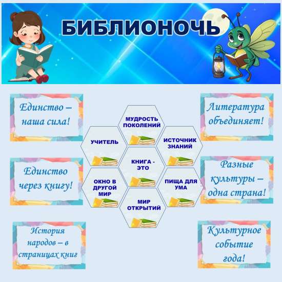 Оформление "Библионочь", приуроченное в 2026 году к единству народов России (18 апреля).