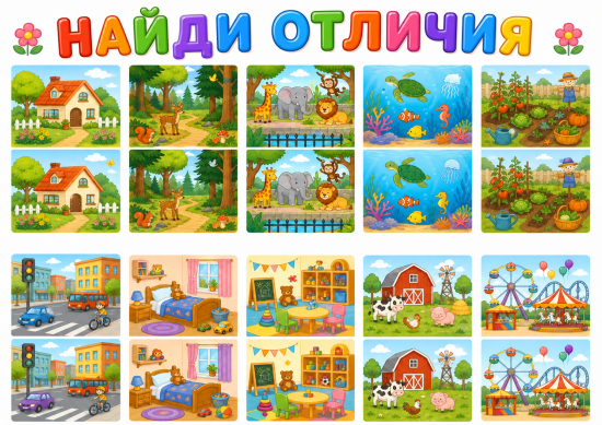 🔍 Развивающее цветное пособие «Найди отличия» (Большой комплект карточек-игр)