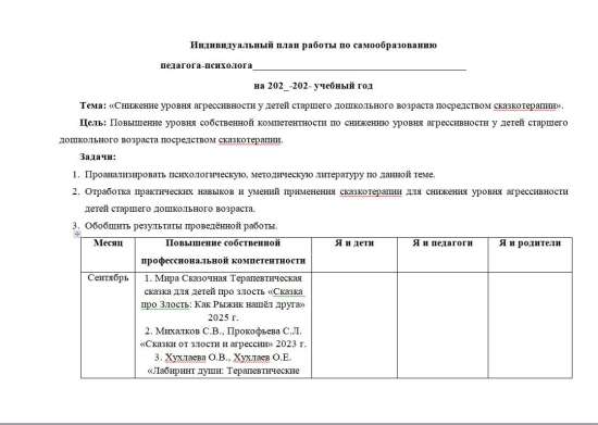План по самообразованию педагога-психолога ДОО "Снижение агрессивности сказкотерапией"