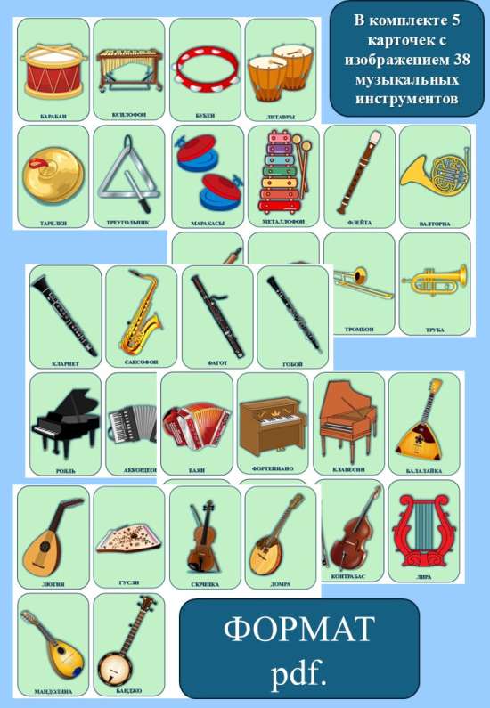 Дидактические карточки "Музыкальные инструменты".