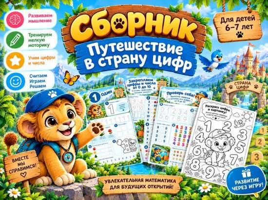 Математический сборник «Львёнок Лёва: путешествие в страну цифр» для детей 6–7 лет