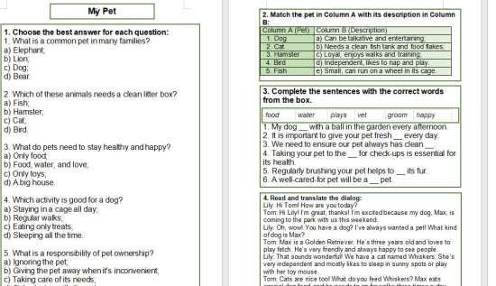 Рабочий лист по теме "My Pet"