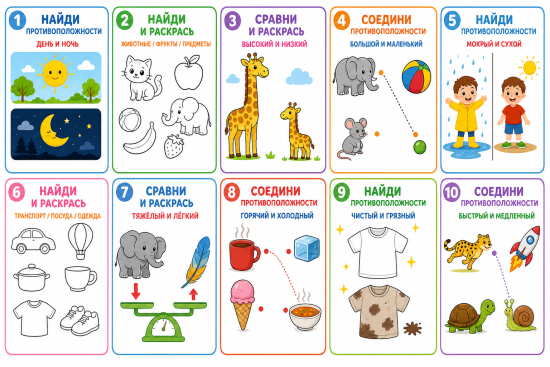 🎨 Развивающая игра-тренажёр «Противоположности и логика» (Набор карточек/заданий)