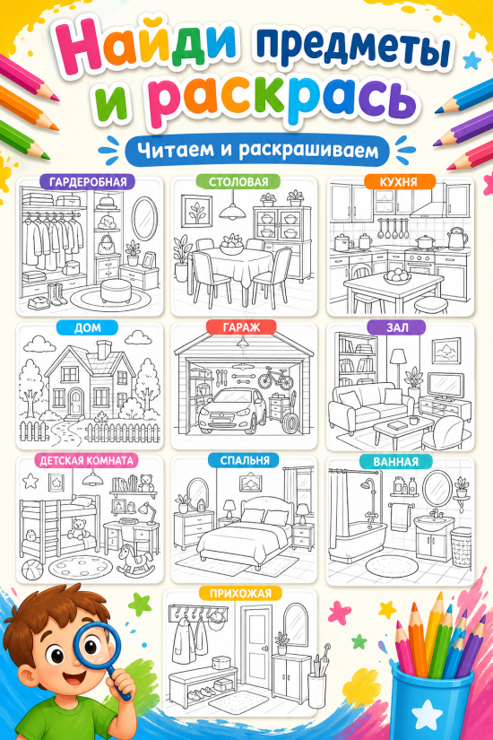 🏡 Развивающее пособие-находилка «Мой дом / Комнаты» (Серия «Читаем и раскрашиваем»)