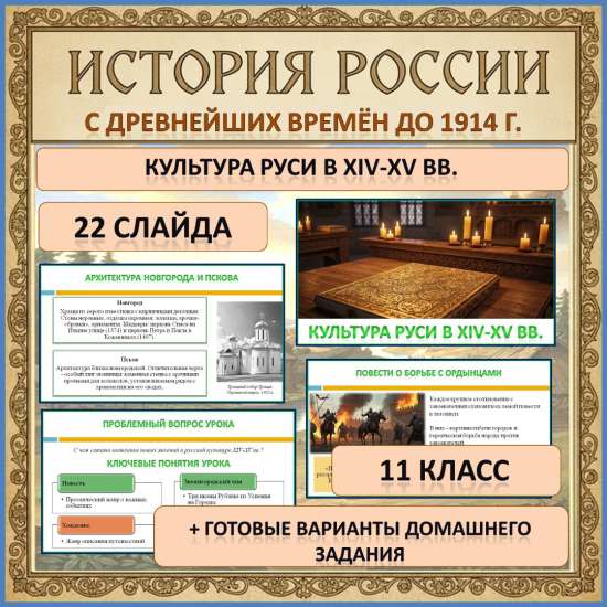 Презентация по истории России (с древнейших времён до 1914 г.) по теме: «Культура Руси в XIV-XV вв.»