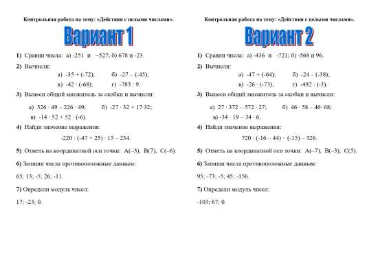 Контрольная работа по теме "Действия с целыми числами".