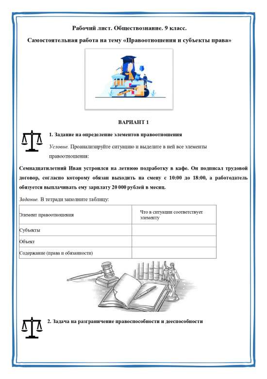 Рабочий лист на тему "Правоотношения и субъекты права". Обществознание. 9 класс. | УМК. авт. Боголюб