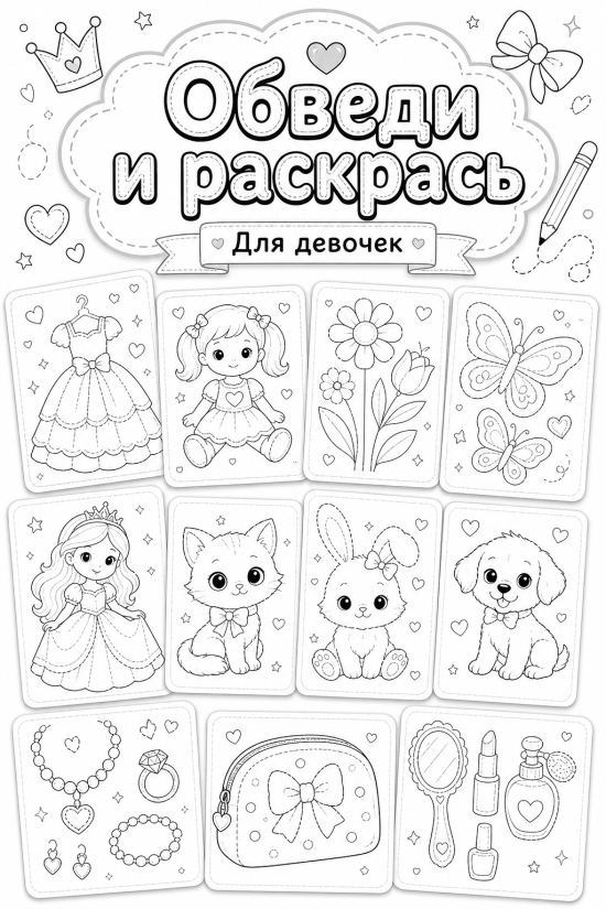 🎀 Развивающее пособие-тренажёр «Обведи и раскрась. Для девочек» (Графомоторный комплект)