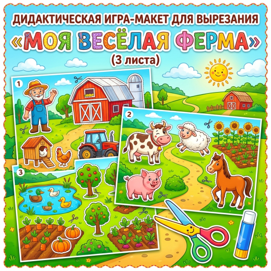 Дидактическая игра-макет для вырезания «Моя весёлая ферма» (3 листа)