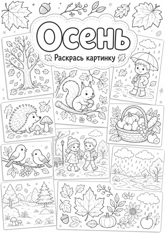 🍂 Тематический развивающий комплект раскрасок «Осень» (10 рабочих листов)